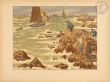 painting of a group of people on a rocky shore with sailboats in the background