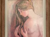 painting of a woman with long hair in a wooden frame on a wall