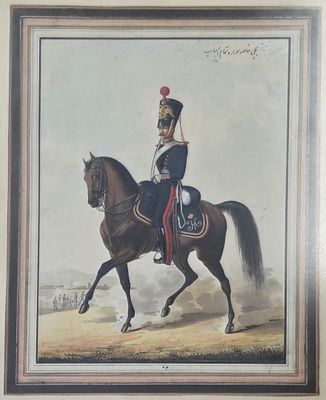 painting of a man in uniform riding a horse in a field