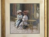 painting of two women sitting at a table with a dog in the background
