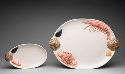 a white plate with shrimps and shells on it