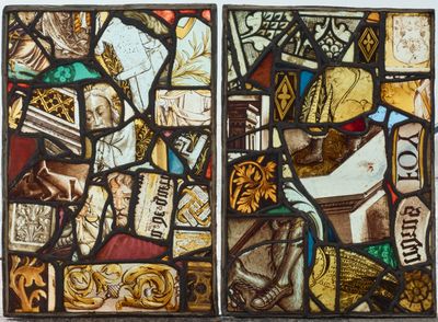 Deux vitraux en verres polychromes et jaune d’argent composi…