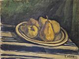 une peinture représentant une assiette de poires posée sur une table