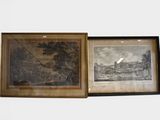 two framed prints of a castle and a river