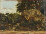 une peinture à l'huile représentant un homme et une femme marchant sur un chemin de terre