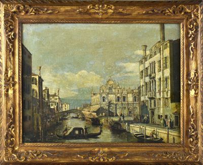 une peinture à l'huile représentant un canal avec des bateaux et des bâtiments en arrière-plan