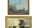 deux tableaux représentant des bateaux sur l'eau et un bateau dans l'eau