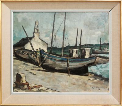 un tableau représentant un bateau sur la plage, avec un phare en arrière-plan
