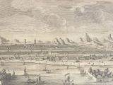 drawing of a view of a city with a castle in the background