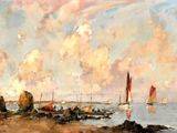 a painting of sailboats on the water by the shore