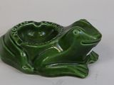 a small green frog sitting on a white surface