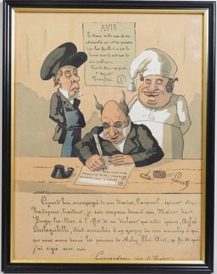 painting of three men sitting at a table with papers and a pen