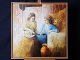 tableau représentant deux femmes assises sur un lit, à côté d'un tableau représentant un vase