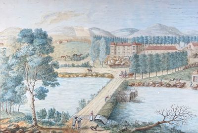 un tableau représentant une vue d'une ville avec un pont enjambant une rivière
