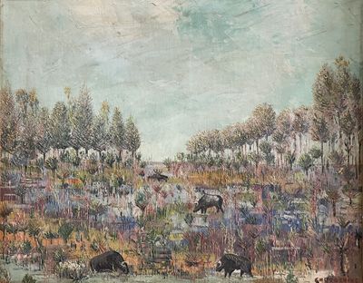 a painting of a herd of cattle grazing in a field
