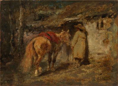 tableau représentant un homme debout à côté d'un cheval devant un bâtiment