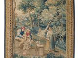 une tapisserie représentant un homme et une femme assis sur un banc