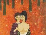 une peinture à l'huile représentant deux femmes dans un champ de fleurs