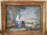 a picture of a painting of a woman sitting on a bench