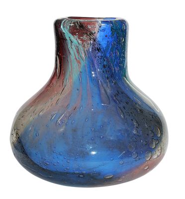 a glass vase with a blue and red design on it