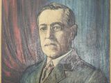 a painting of a man in a suit and tie in front of a red curtain