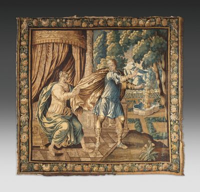 une image d'une tapisserie avec une femme et un homme