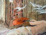 a painting of a person laying on a bed with birds flying around