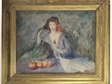 painting of a woman in a blue dress sitting on a couch