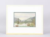 une aquarelle représentant un paysage de montagne avec des arbres et une rivière