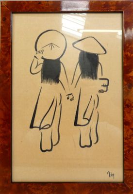 painting of a couple holding hands in a wood frame on a wall