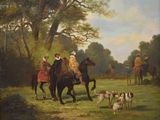 a painting of a group of people riding horses in a field