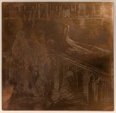 an image of a metal plaque with a drawing of a man on a boat