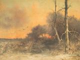 tableau représentant un paysage avec des arbres et une rivière