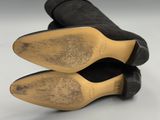 the bottom of a pair of black sued shoes on a white surface