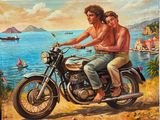 un tableau représentant un homme et une femme à moto