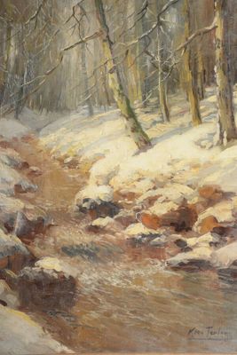 une peinture à l'huile représentant un ruisseau traversant une forêt enneigée