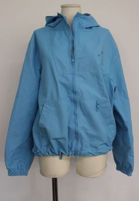 the jacket is blue and has a hood that is attached to it