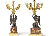 paire de candélabres anciens en bronze et marbre ornés d'anges