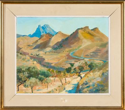 an oil painting of a mountain landscape with a river running through it