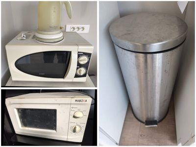 quatre photos différentes d'un micro-ondes et d'un mixeur