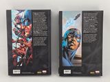 two books on a white surface with a picture of captain america and iron man
