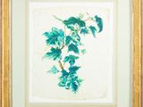 un tableau représentant une plante aux feuilles vertes, dans un cadre doré