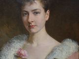 painting of a woman in a white dress holding a book