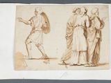 trois études de personnages dans un paysage, dont l'un tient un bouclier et l'autre tient un bouclier