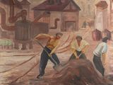 un tableau représentant un groupe d'hommes travaillant sur une colline