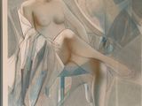 tableau représentant une femme assise sur une chaise, une serviette sur les genoux