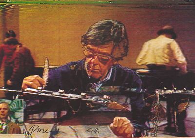un tableau représentant un homme assis à une table, en train de travailler sur une œuvre d'art