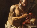 an image of a painting of a man with a sword and a skull