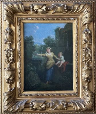 a painting of a woman and a child in a landscape