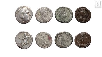six ancient roman coins are shown in a row on a white background